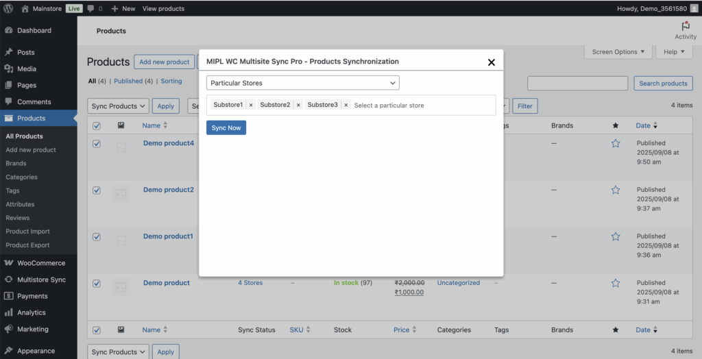 Product Bulk Sync to Particular Sites - MultiStore Sync